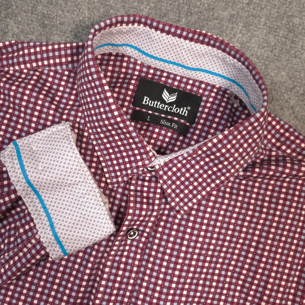 Buttercloth Shirt Mens L Gingham Plaid Long Sleeve Button Up Slim Fit Flip Cuff
